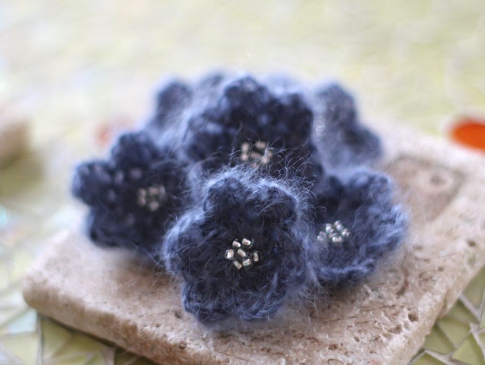 Flowers Crochet Beaded Kid Mohair and Wool Denim Small Set of 6