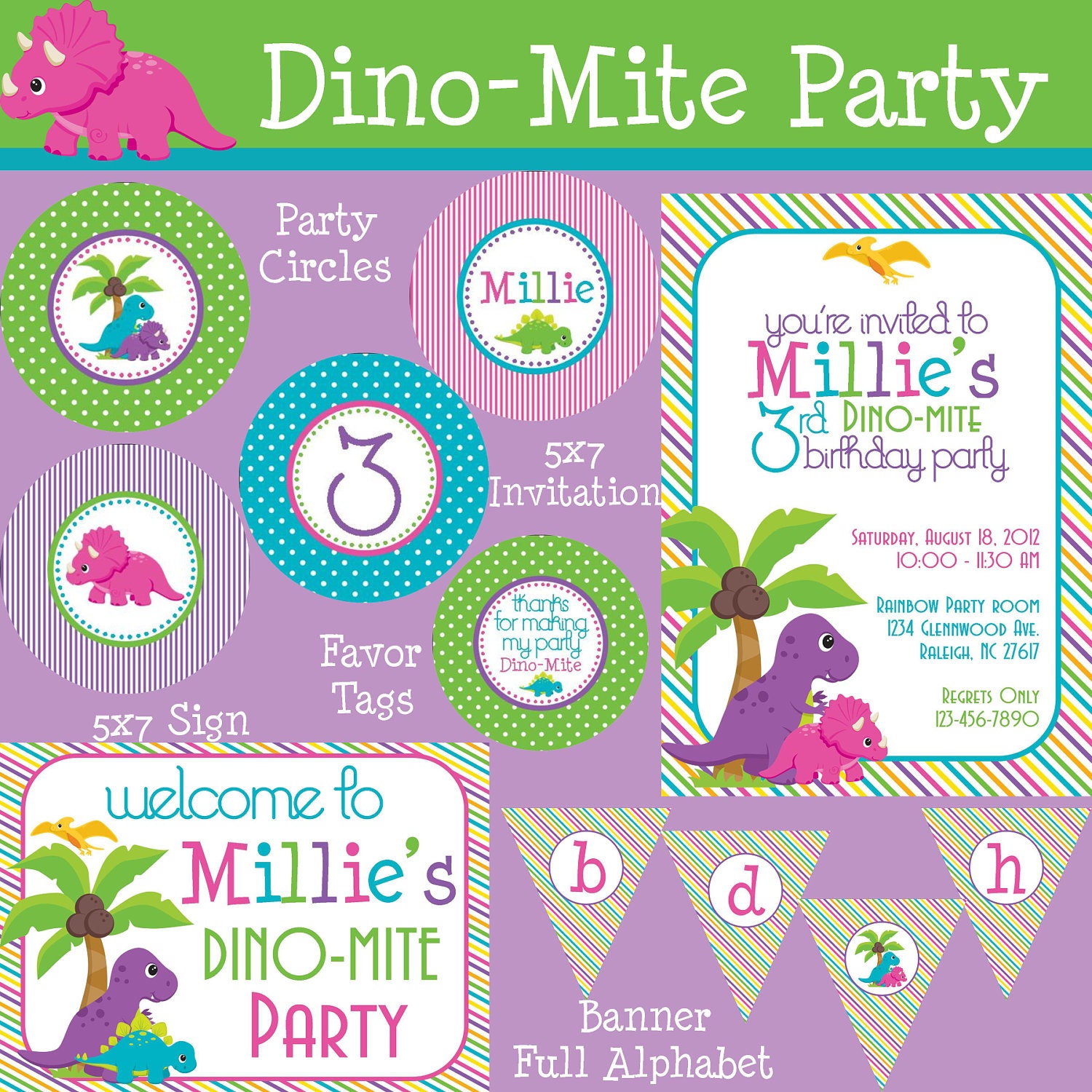 Dino-Mite Dinosaur Mini Birthday Party Package - Girl DIY Printable Il_170x135
