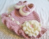 Baby Hat and Booties Crocheted with Ruffle in Victorian Rose.  Perfect for Spring Baby Showers