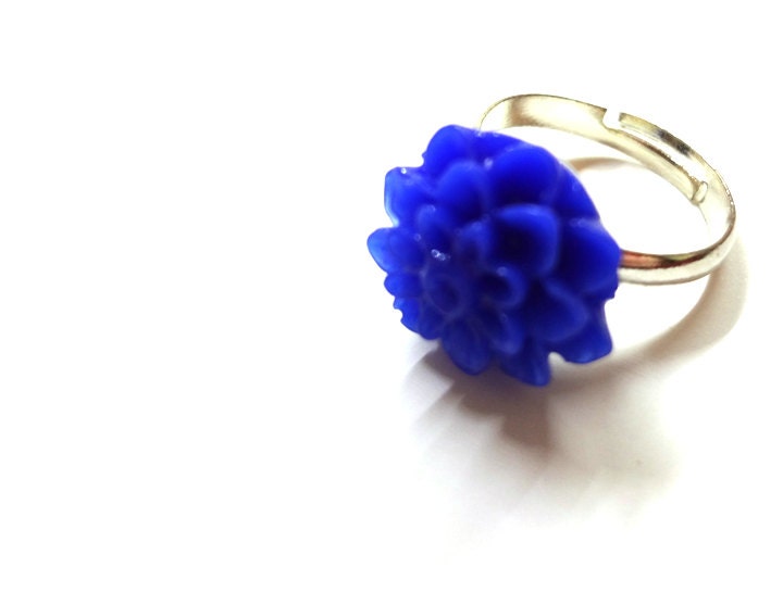 Cobalt Blue Chrysanthemum Flower Silver Toned Adjustable Ring - Glamour365