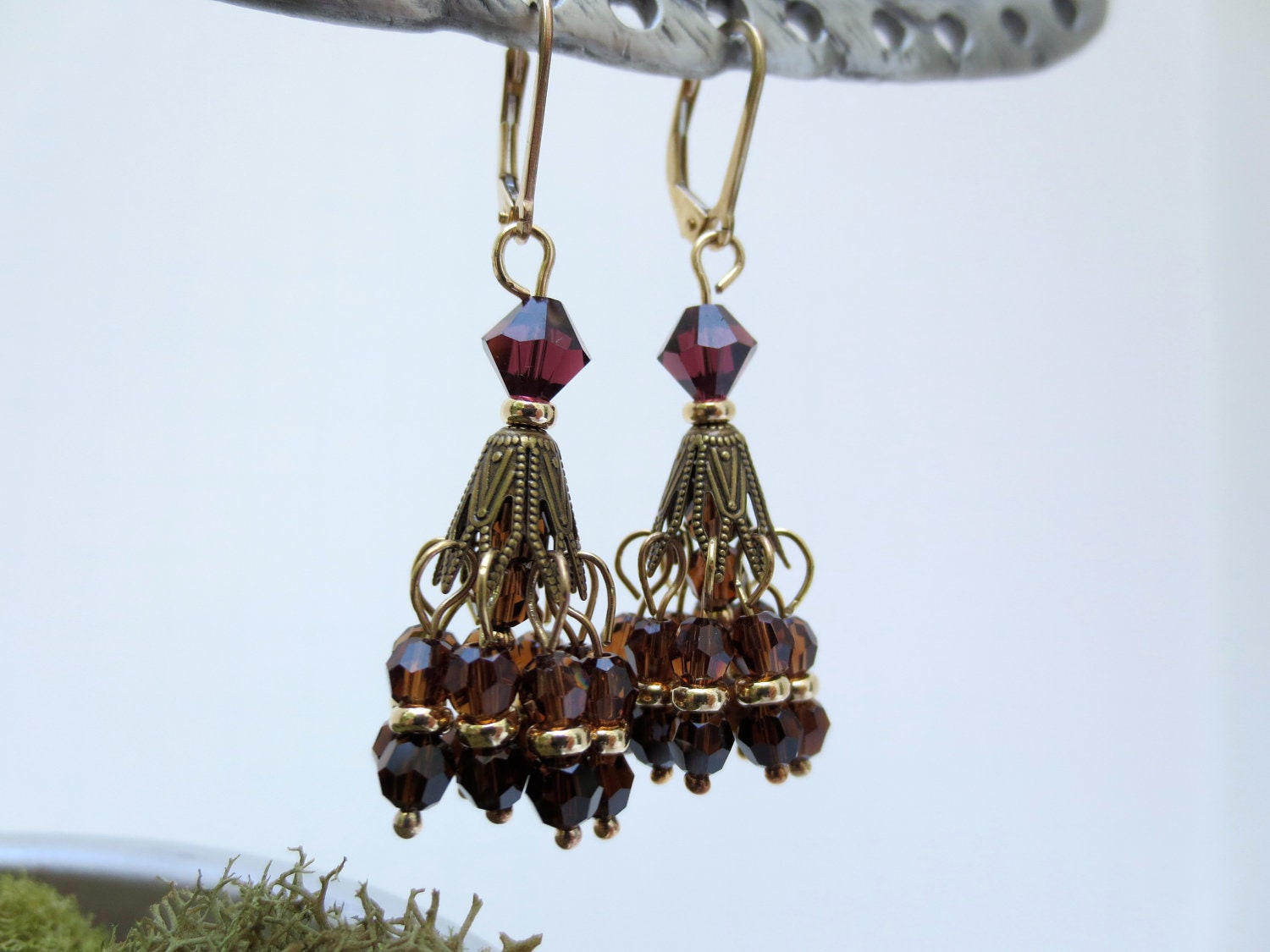 Mocha Crystal Earrings, Brass Filigree Earrings, Brown Boho Earrings, Vintage Victorian Style