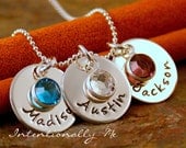 Hand Stamped Sterling Silver Necklace - Personalized Mommy Jewelry - Three Name Tags with Birthstones (flat trio)