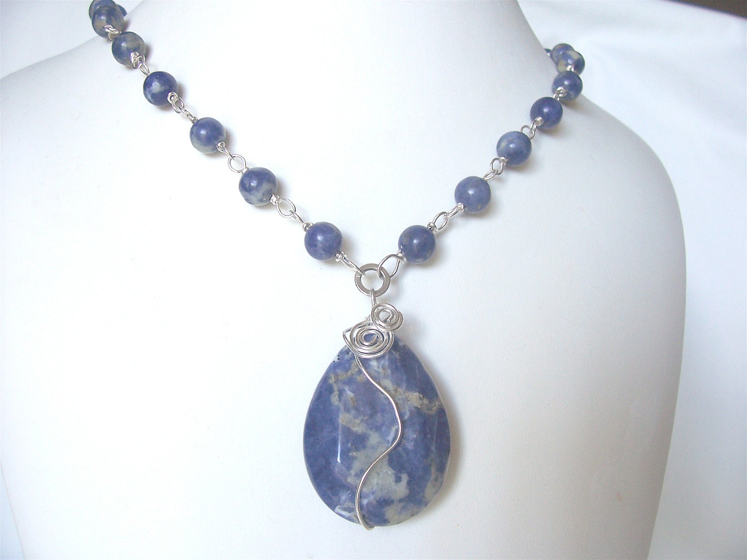 blue necklace, denim blue sodalite necklace, gemstone necklace, april trends, boho chic, spring fashion, ooak,