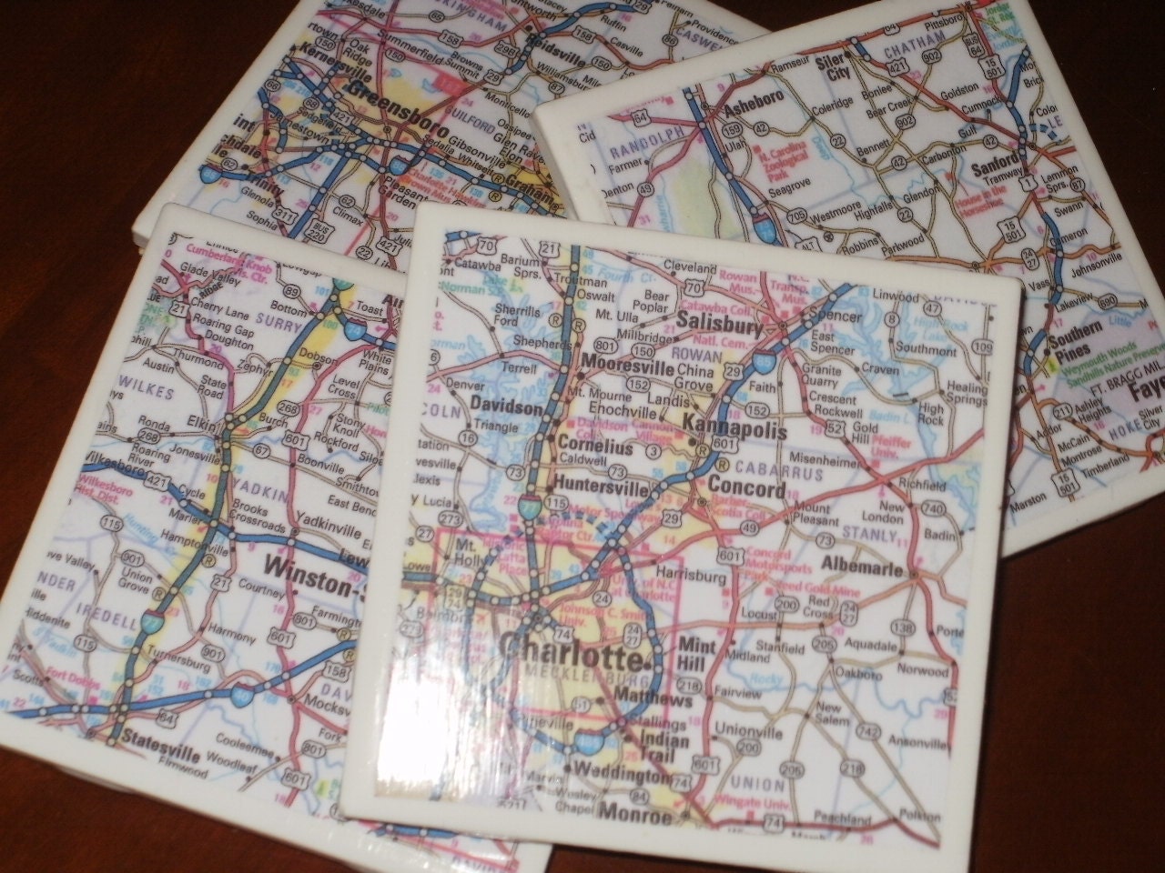 Charlotte Map Coasters...Including Greensboro and Winston-Salem...Set of 4...Full Cork Bottoms