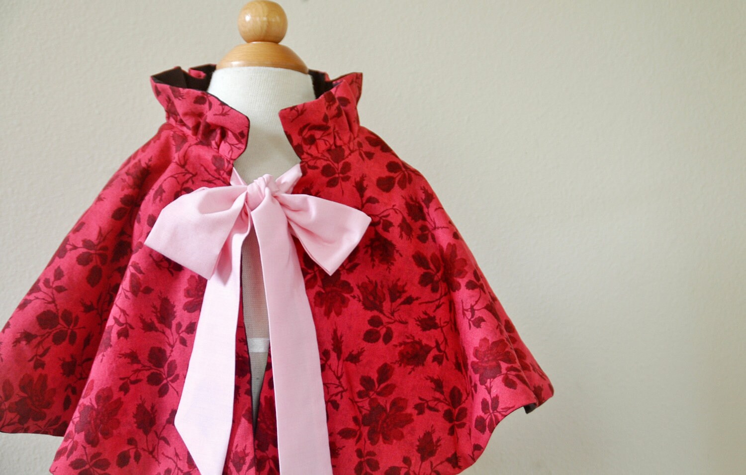 Pink and Black Reversible Cape with Ruffle Collar and Bow by Papoose Clothing - papooseclothing