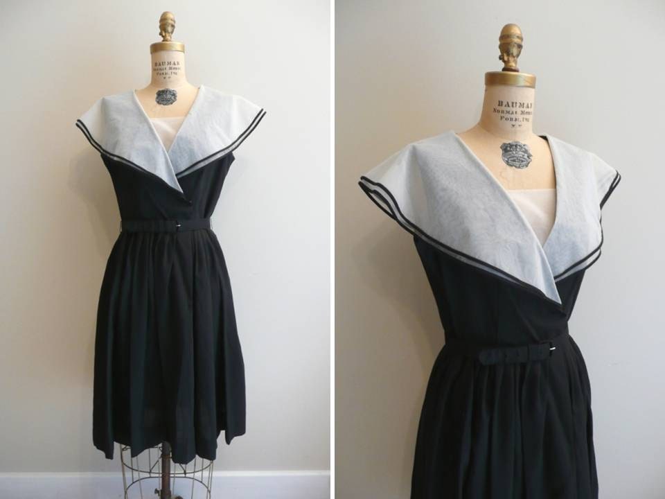 Vintage 1950s Dress Black Cotton Collar
