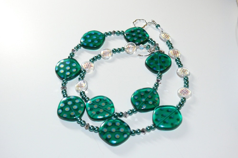 Crystal Ocean Czech Lentil Glass with Spotted Luster Beaded Handmade Necklace with Sterling Silver Flower Toggle