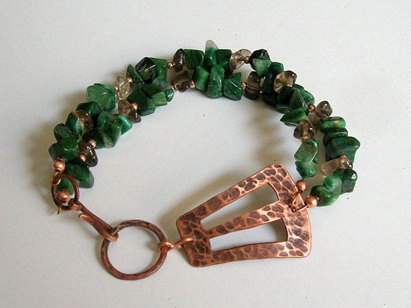 Dark Green Stone & Hammered Copper Bracelet