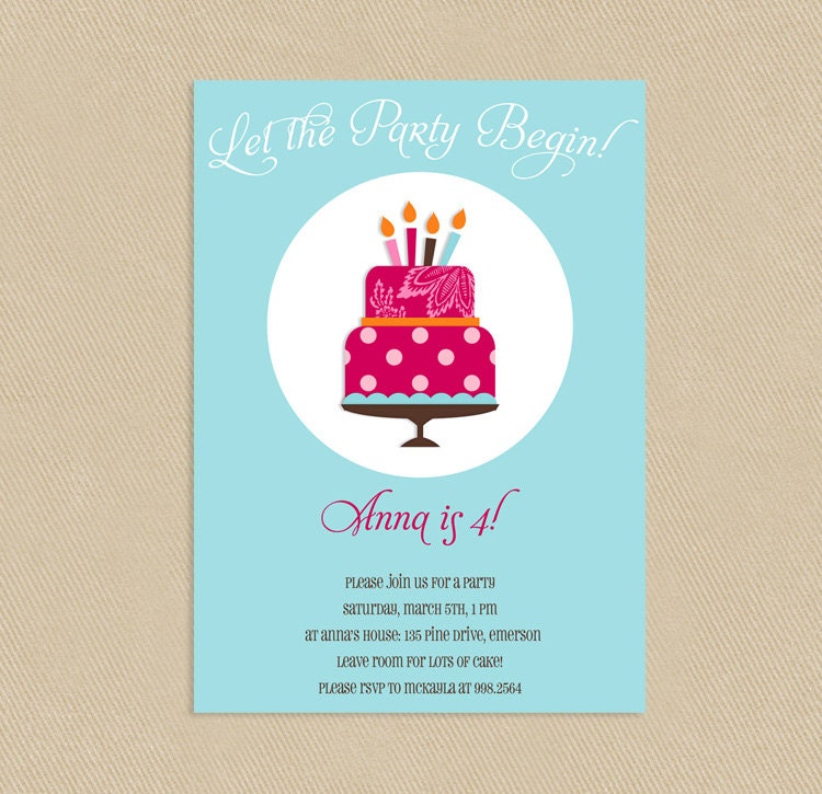 Printable Birthday Party Invitation 5x7 Colorful Cake On Blue