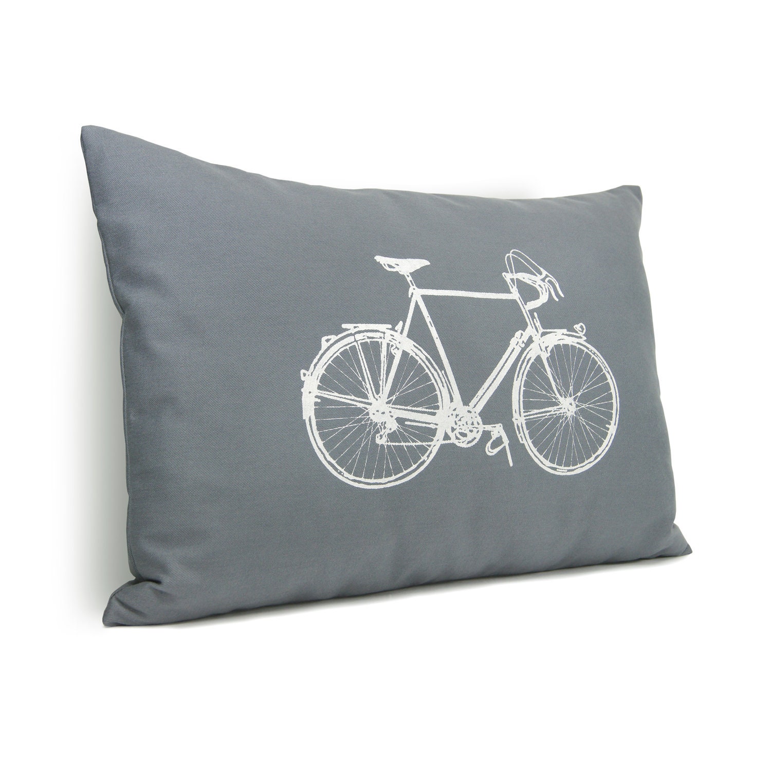 Gray and white decorative pillow cover - White vintage bicycle print on medium grey twill fabric - 12x16 lumbar pillow cover - ClassicByNature