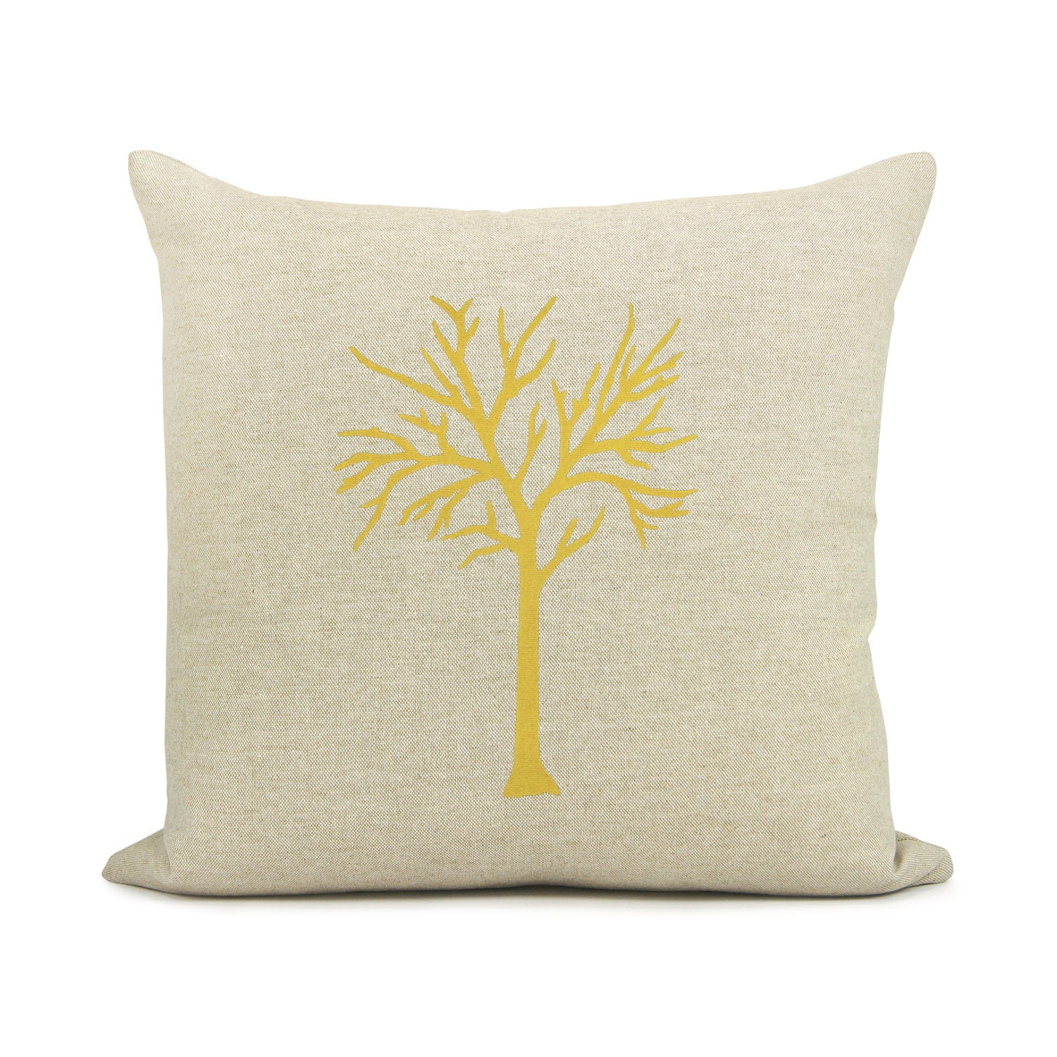 Tree pillow cover, Decorative pillow, Modern home decor - Mustard yellow tree print on natural canvas front and geometric back in 16x16 size