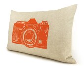 Camera pillow cover, Lumbar pillow cover, 12x18 decorative throw pillow cover - Orange retro camera print on natural beige cotton canvas