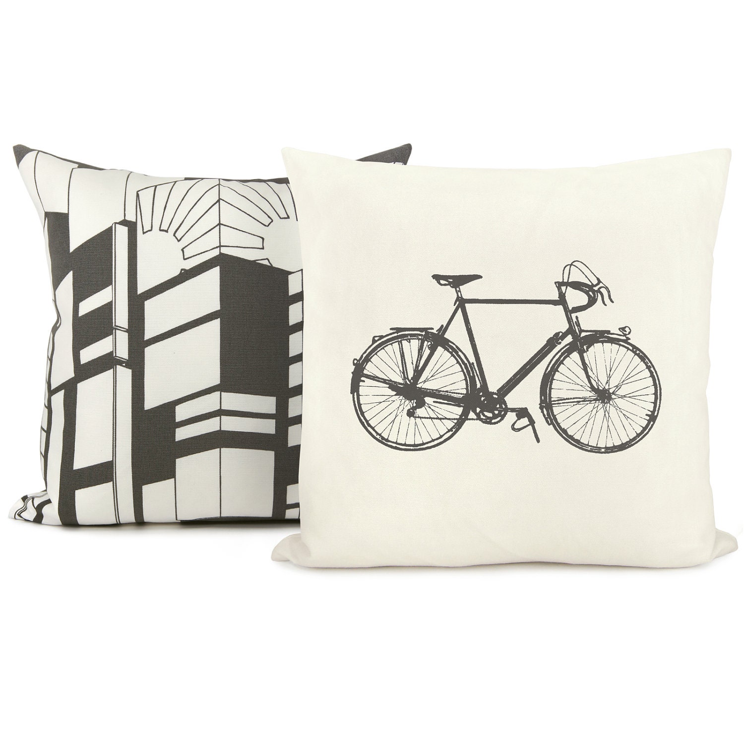 Decorative pillow covers set of 2 - Vintage bike print pillow cover and dark grey urban pillow cover - 16x16 throw pillow covers
