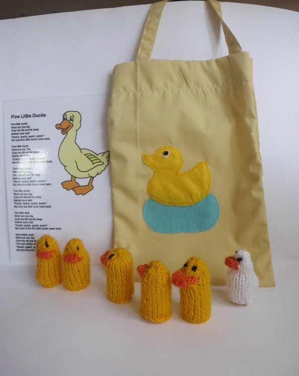 5 ducks finger puppets with Mama duck in bag  teaching resource, story sack  rhyme