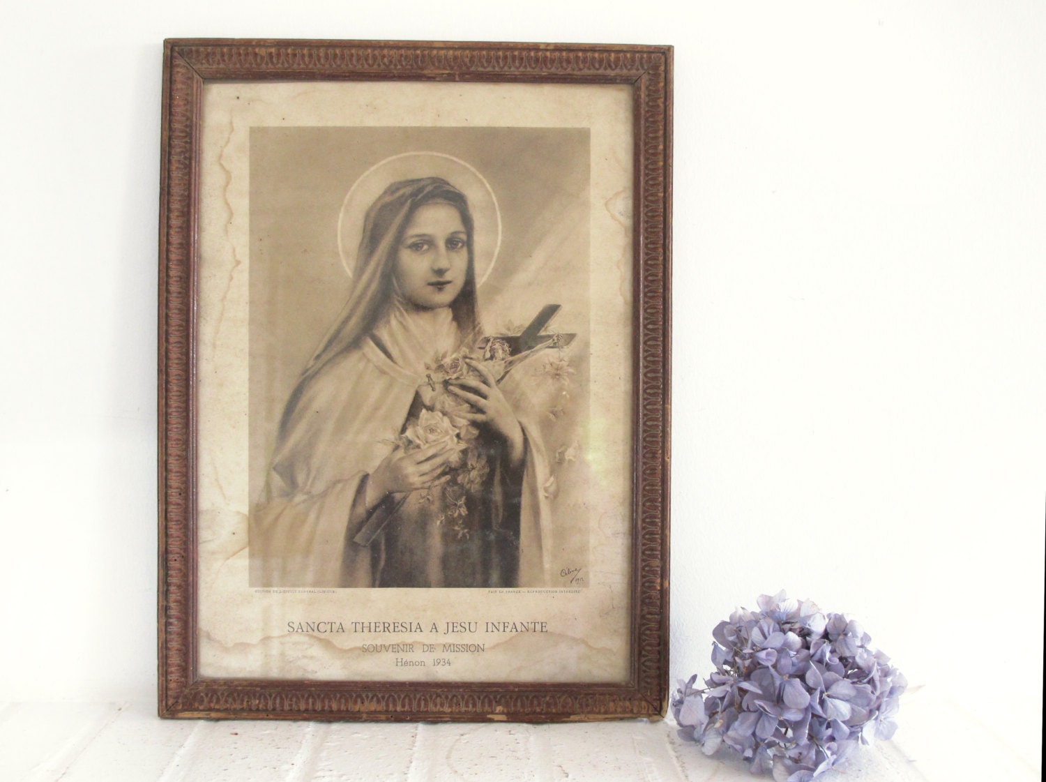 Antique French Religious picture frame, RARE, dated 1912 of holy Teresa of Lisieux