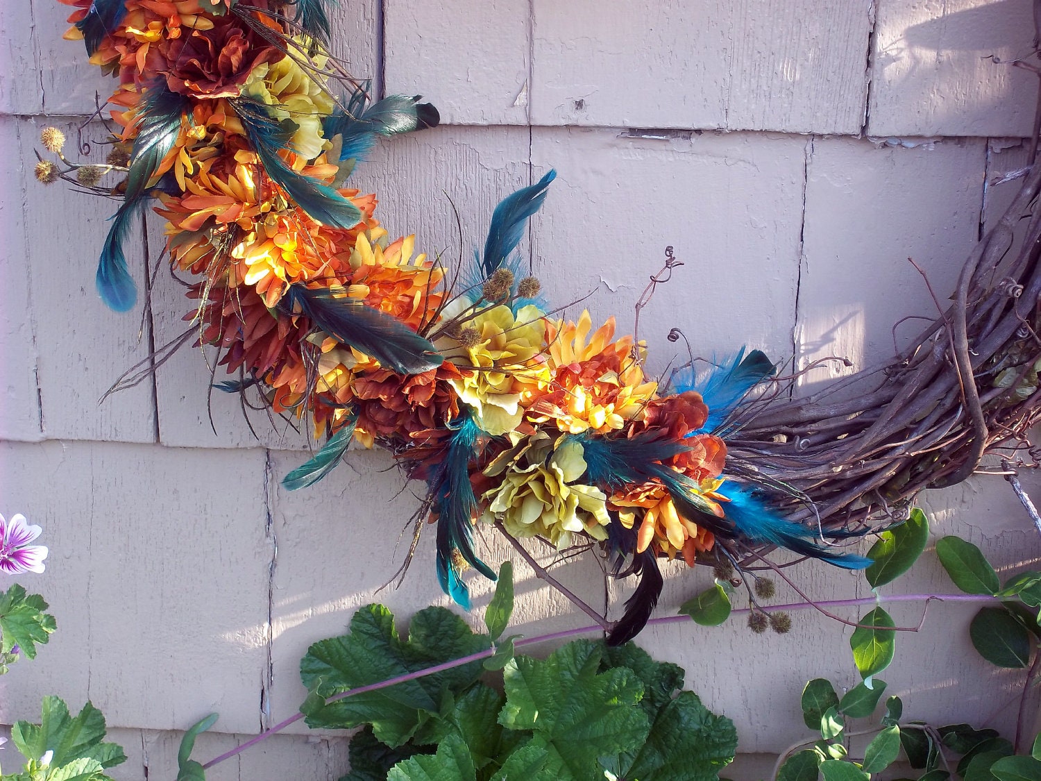 Large Wreath, peacock autumn wreath, fall color door wreath, farmhouse grapevine wreath