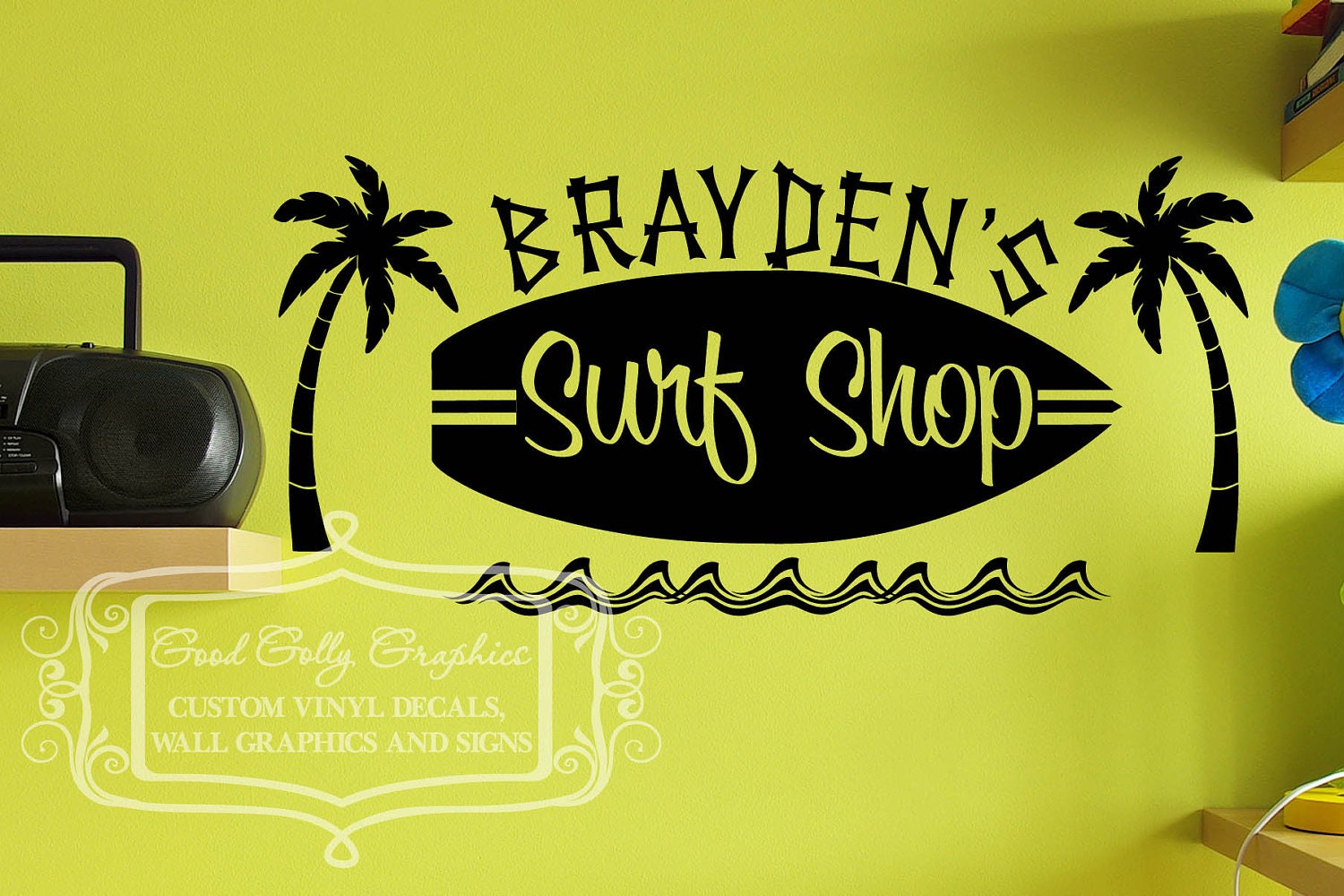Surf shop vinyl wall decal with with palm trees and waves