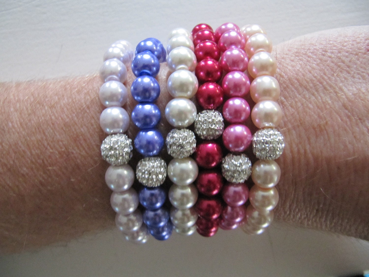 Pave Stacked Pink and Purple Bead Stretch Bracelet - Multi Colors of Pearls