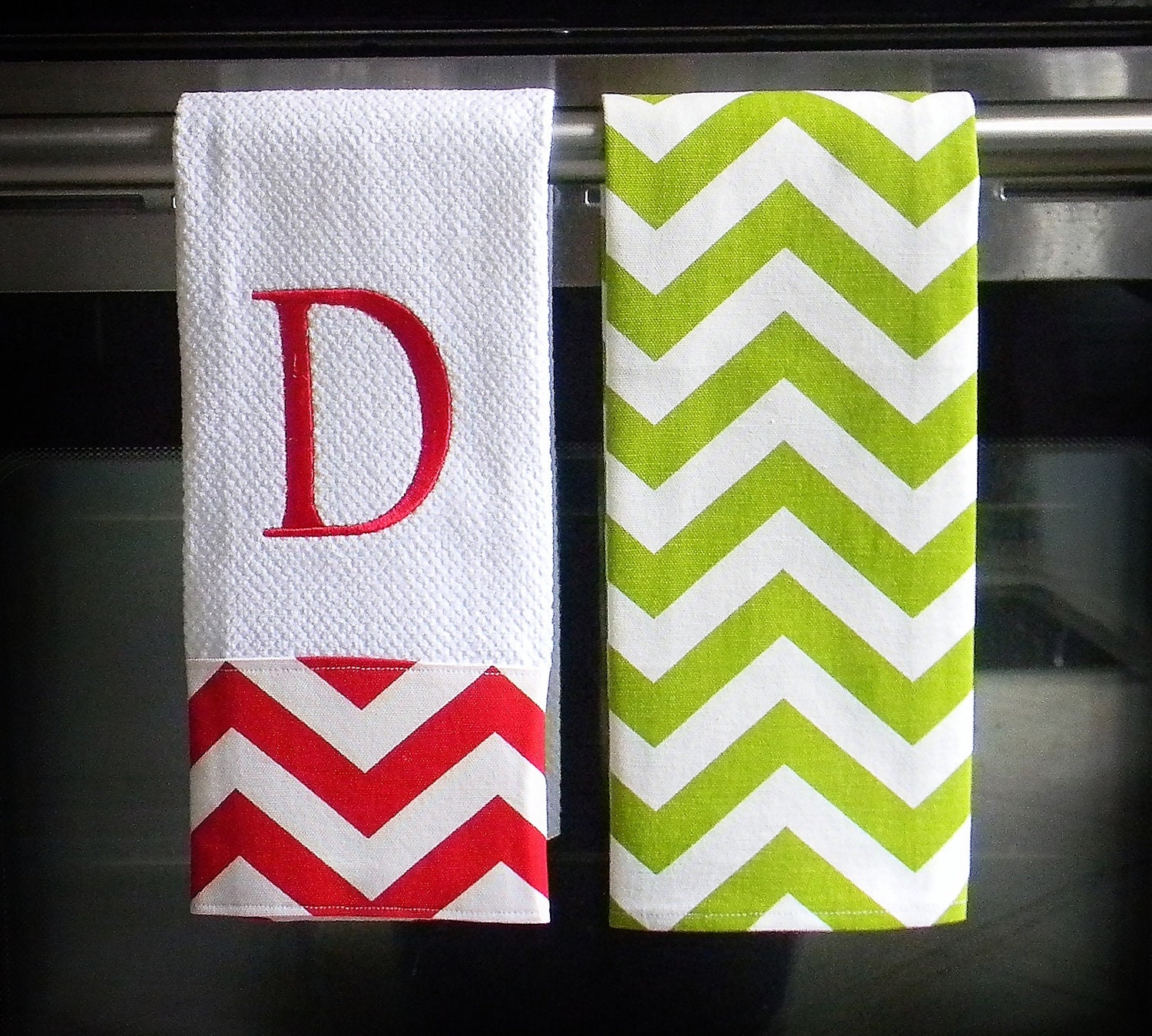 Monogrammed  Kitchen Towels or Hand Towels in Christmas Chevron