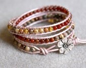 Sweet Bohemian beaded leather wrap bracelet, 3x Wrap, Chan Luu style, yellow, carnelian, jasper, rose, brown, silver flower, OOAK