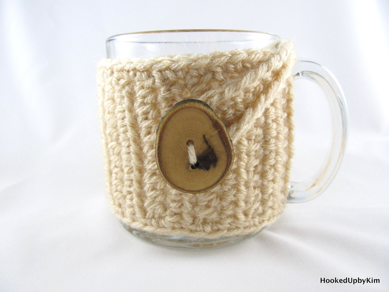 Crochet Coffee Cup Cozy - Cream with Genuine Wood Button