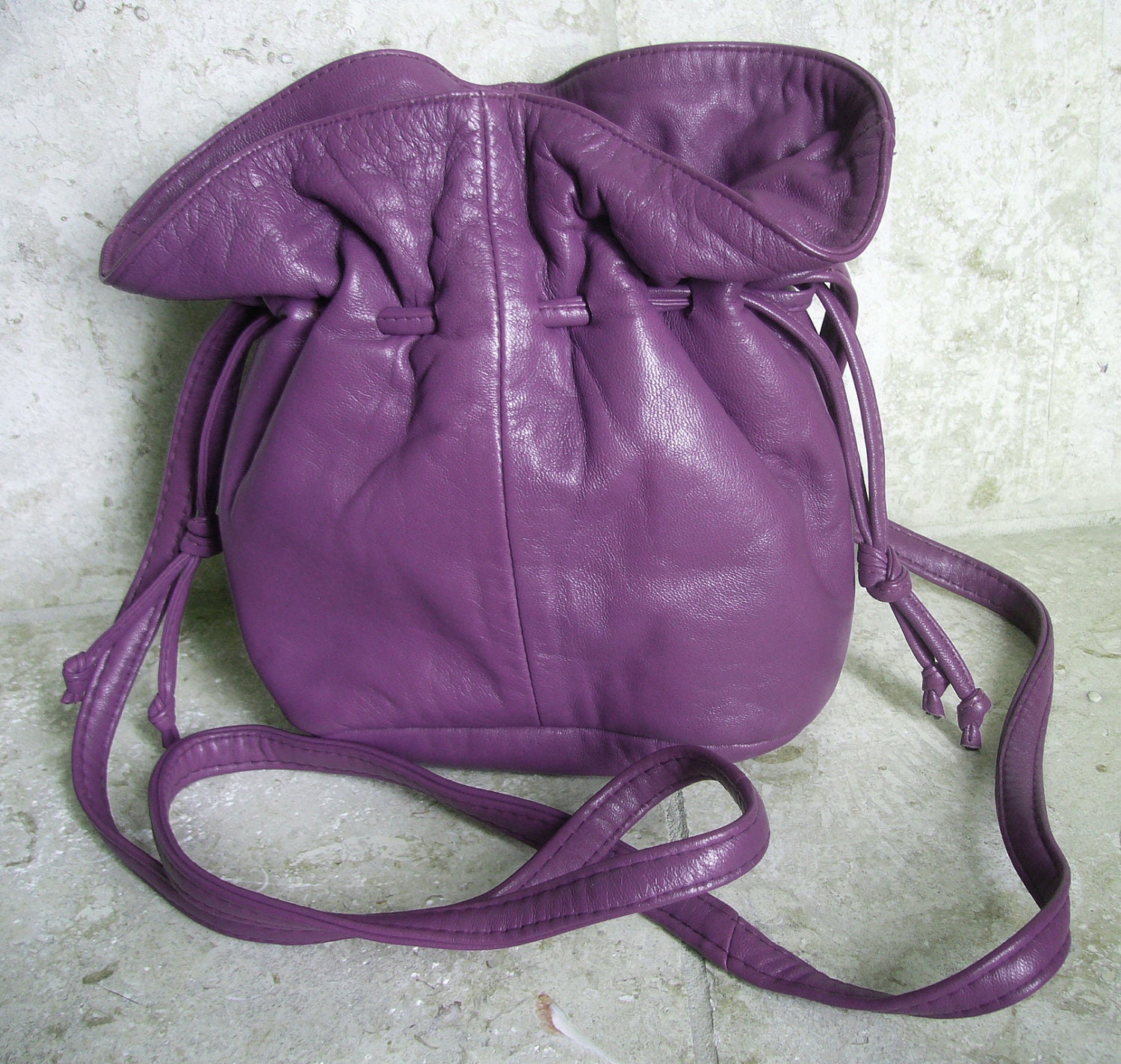 Reserved for Sherell, 1980s Purple Glove Leather Evening Bag, Drawstring Opening, Shoulder Strap, Purchased at Broadway Southwest Las Vegas