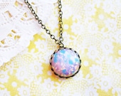 Vintage Pink Fire Opal Glass Pendant Necklace- Antiqued Brass