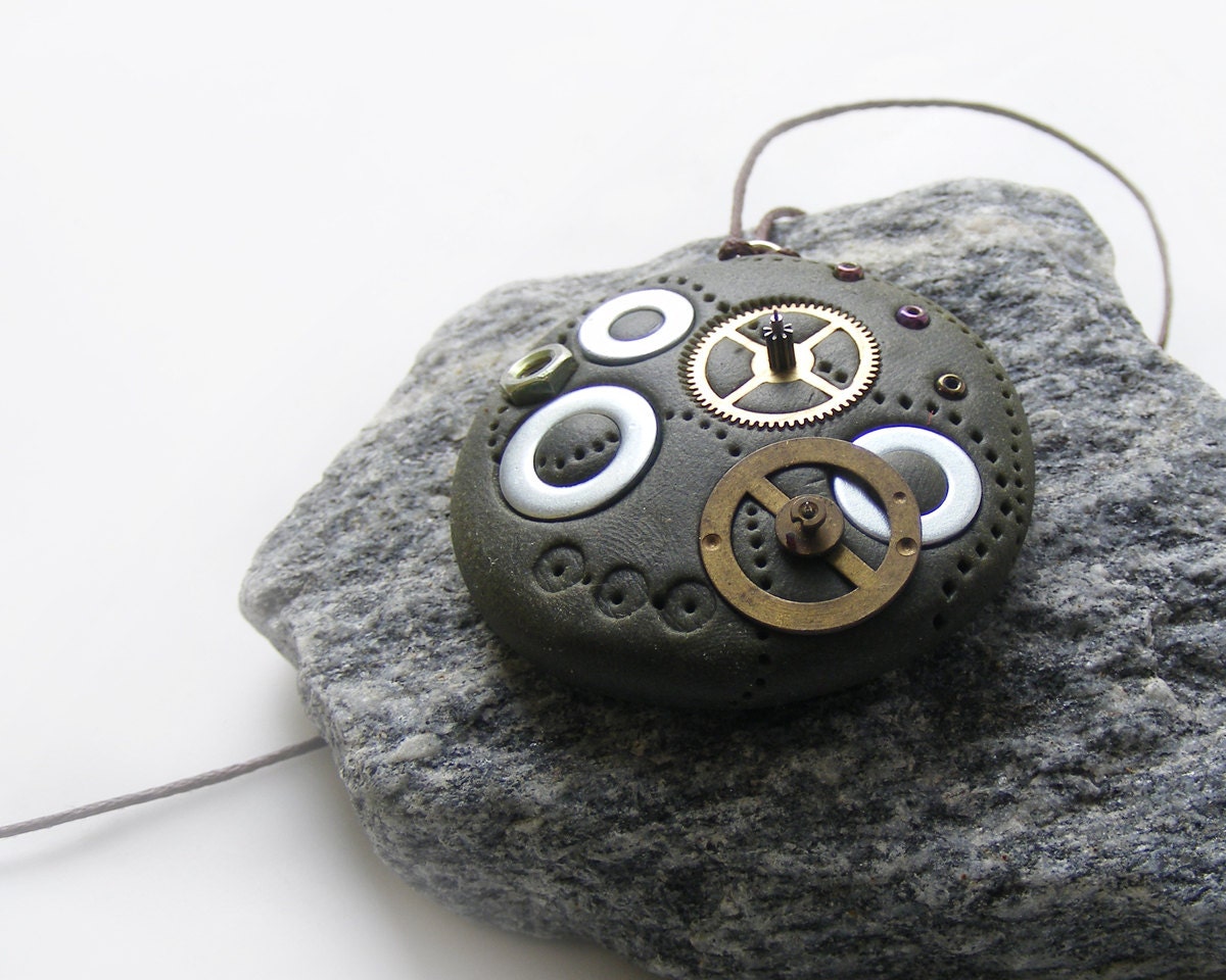 Steampunk polymer clay pendant, watch parts necklace, ooak steampunk mens jewelry, futuristic necklace, steam punk