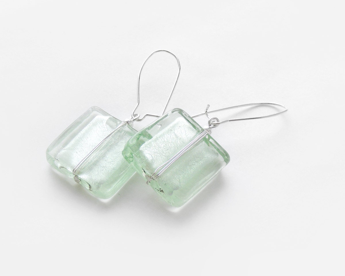 Mint murano glass earrings, square mint earrings, pale green modern earrings, geometric jewelry