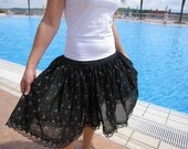 gold and black Gathered skirt -sequin -scalloped lace trim-elastic waist- sheer cotton gauze-dance wear-party dress for woman-M L XL chic