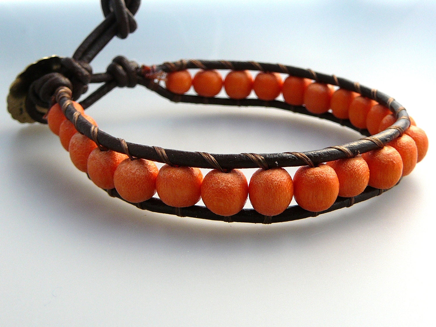 Chocolate brown leather wrap bracelet with tangerine wood beads  - beadwork - Free shipping to Canada & USA