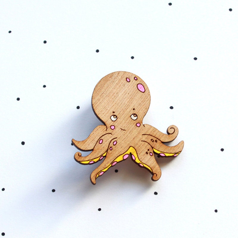 Wooden Laser Cut Octopus Brooch