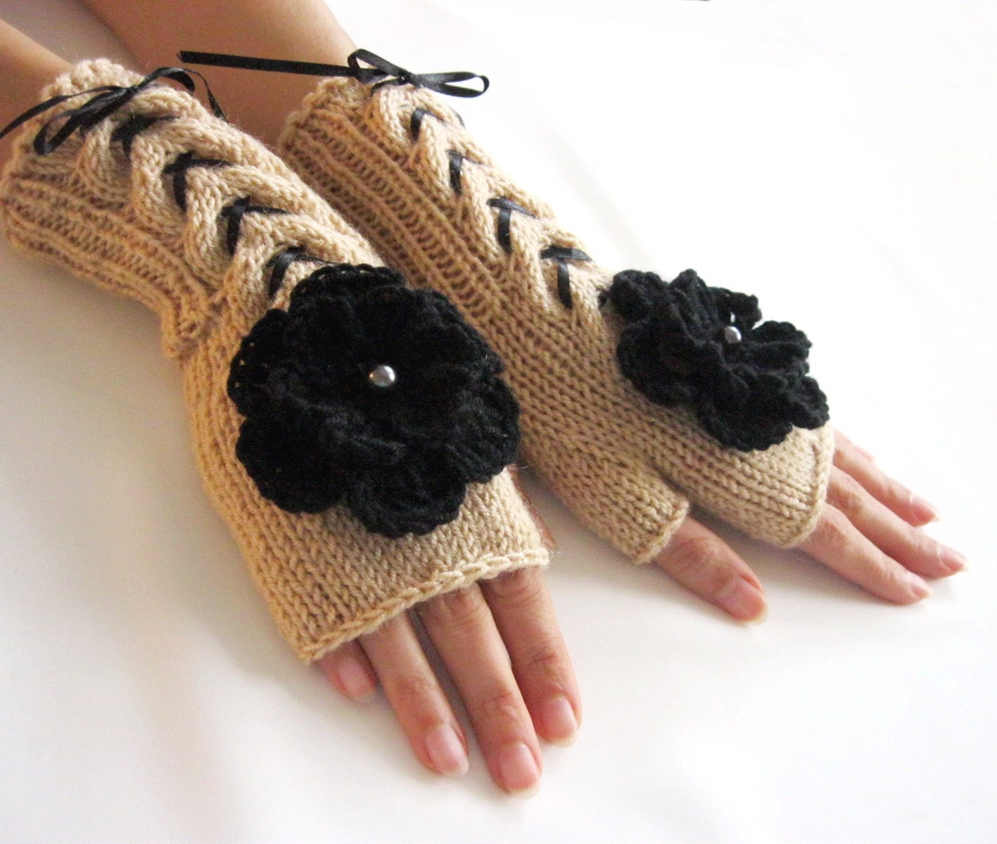 BEIGE  and BLACK...Fingerless Gloves, Wool Mittens, Arm Warmers with cable pattern and crochet flowers, Hand Knitted, Eco Friendly