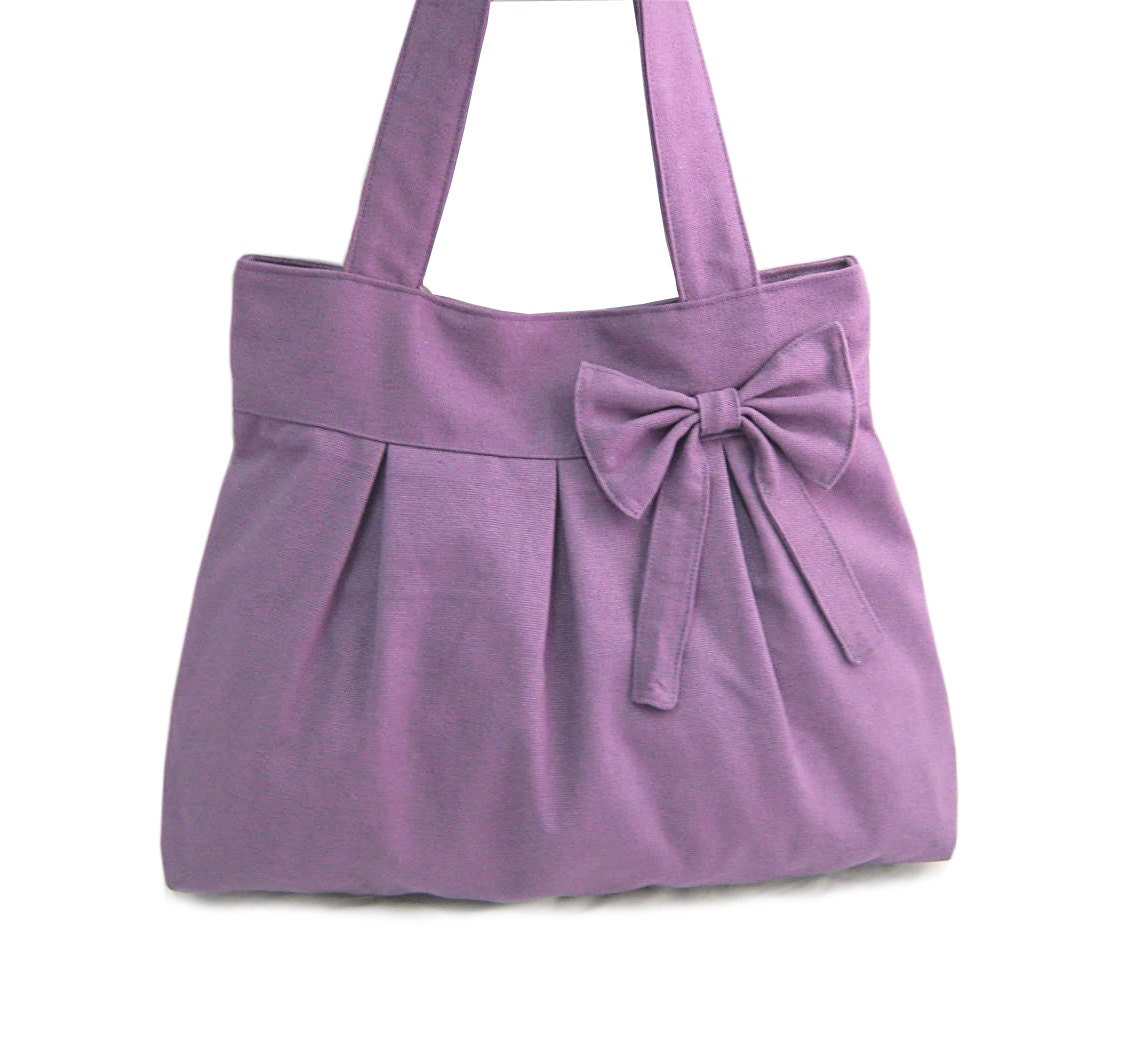 purple travel bag / tote bag / shoulder bag /diaper bag / canvas purse / zipper inside pocket, with bow