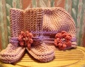 Buggs - Crochet Baby Booties and Matching Newsboy Hat in Pink/Lilac  w / Detachable Flowers