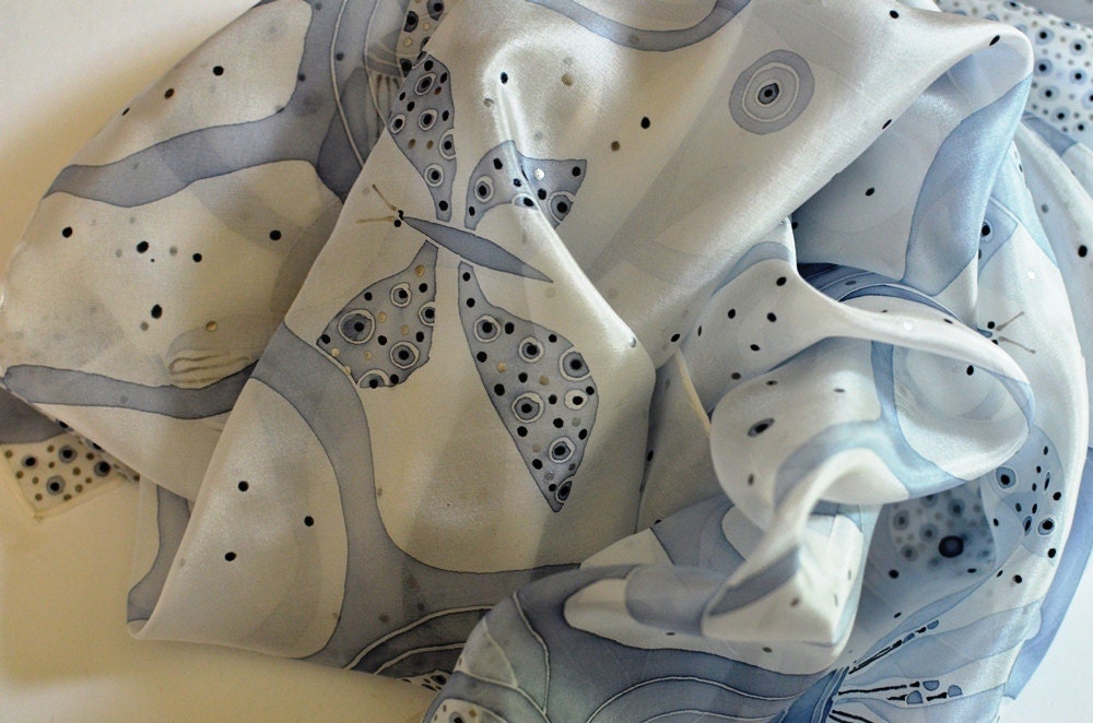 Silk Scarf Hand Painted Blue Butterfly -  Shawl Floral OOAK - Ready To Ship