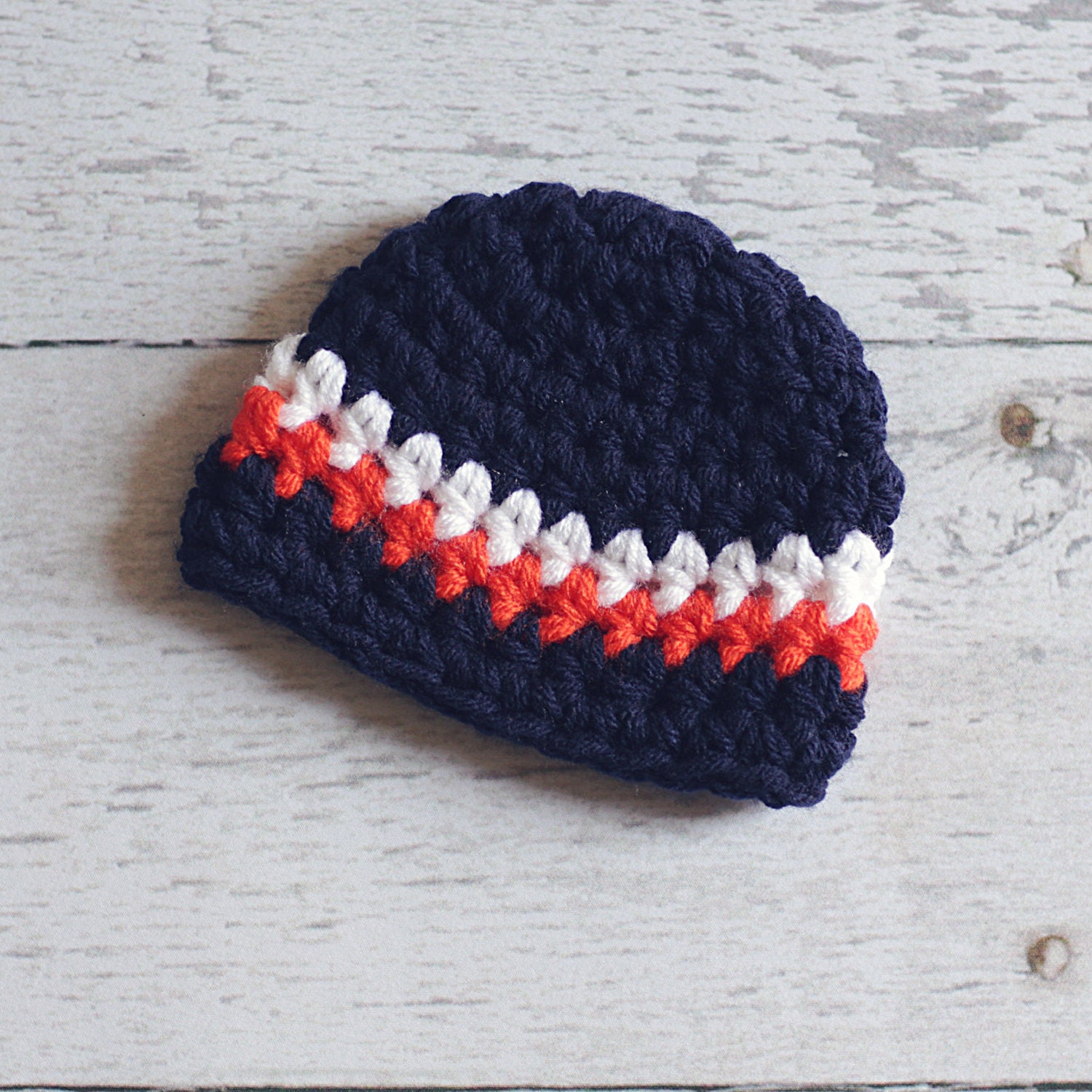 Chunky Striped Baby Beanie- Navy, white, and orange-  choose your colors- Sizes newborn, 3-6 m, 6-12 m