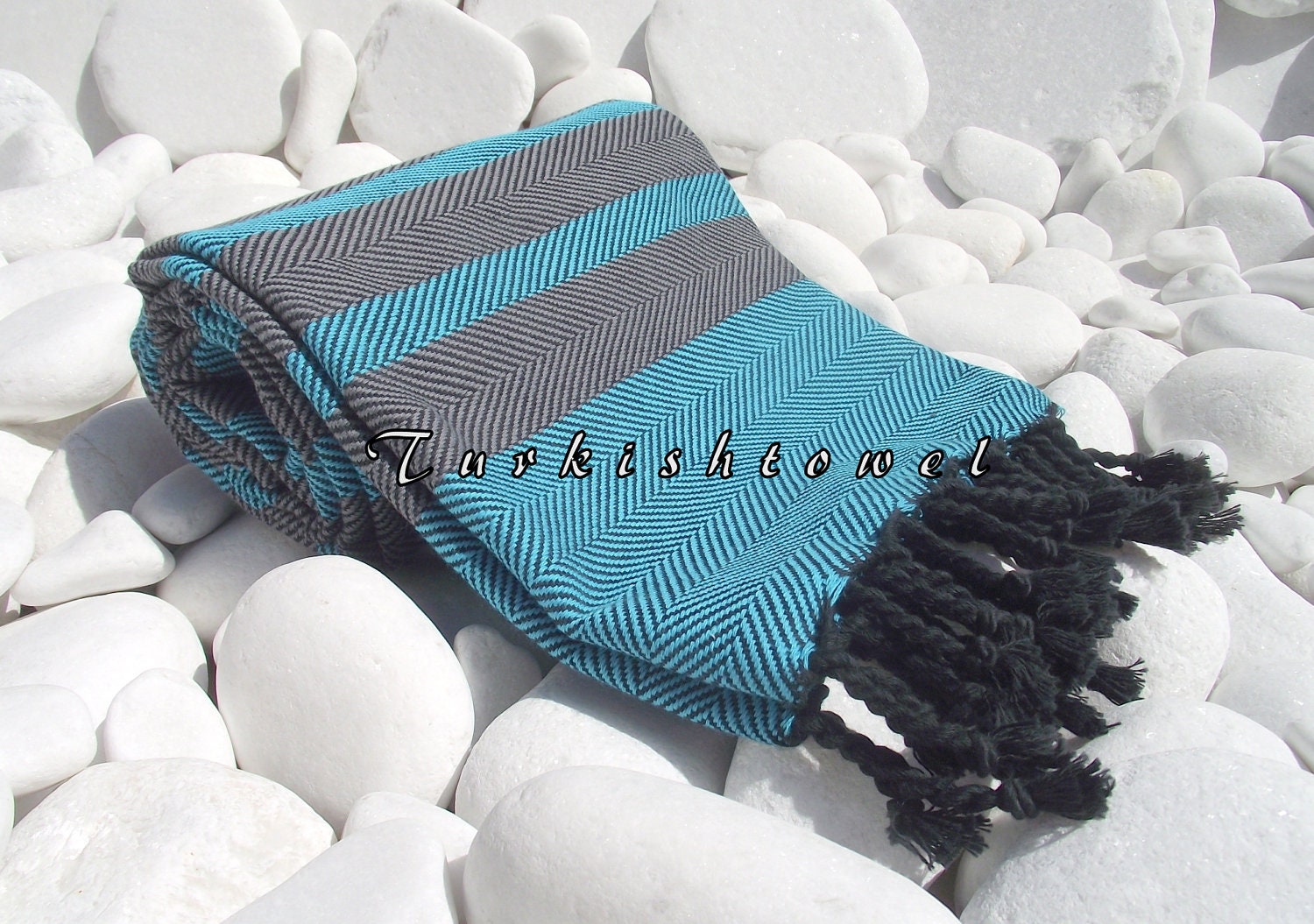 Turkishtowel-Soft-Best Quality,Pure Organic Cotton,Hand Woven,,Beach,Spa,Yoga,Travel Towel or Sarong-Turqouise,Gray and  Black tassels