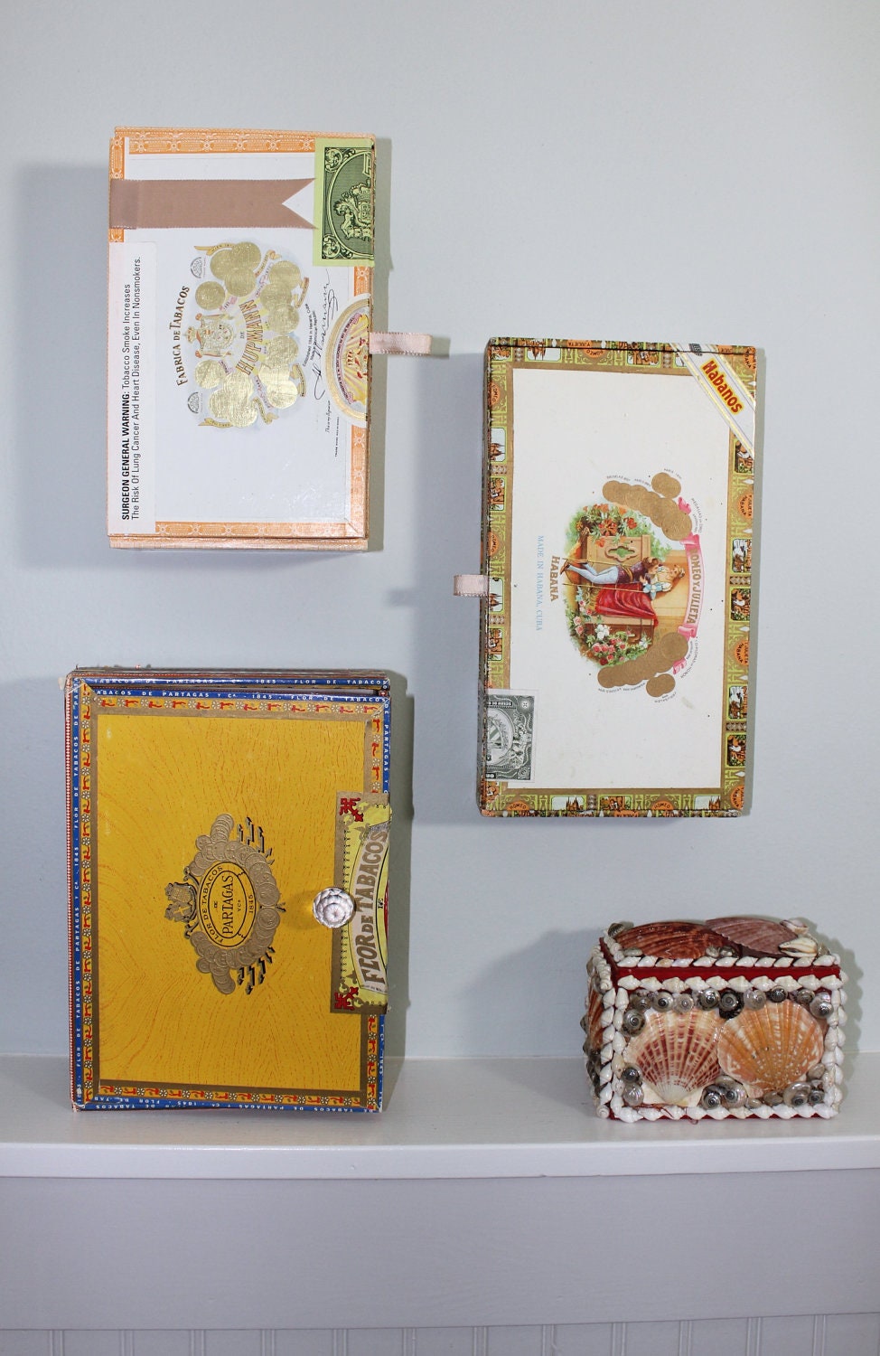 Jewelry Organizer - Recycled Cigar Box Wall Storage with Hooks