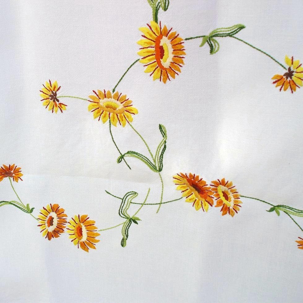 Vintage Tablecloth, Yellow Floral, Embroidered Table Cover, Mid Century Mod, Spring Decor - Yellow / Orange