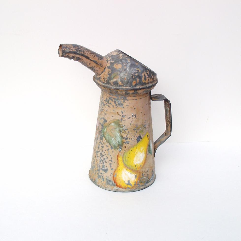Galvanized Watering Can, Old Oil Can, Industrial Chic, Metal Container, Peach Decor, Pear Art