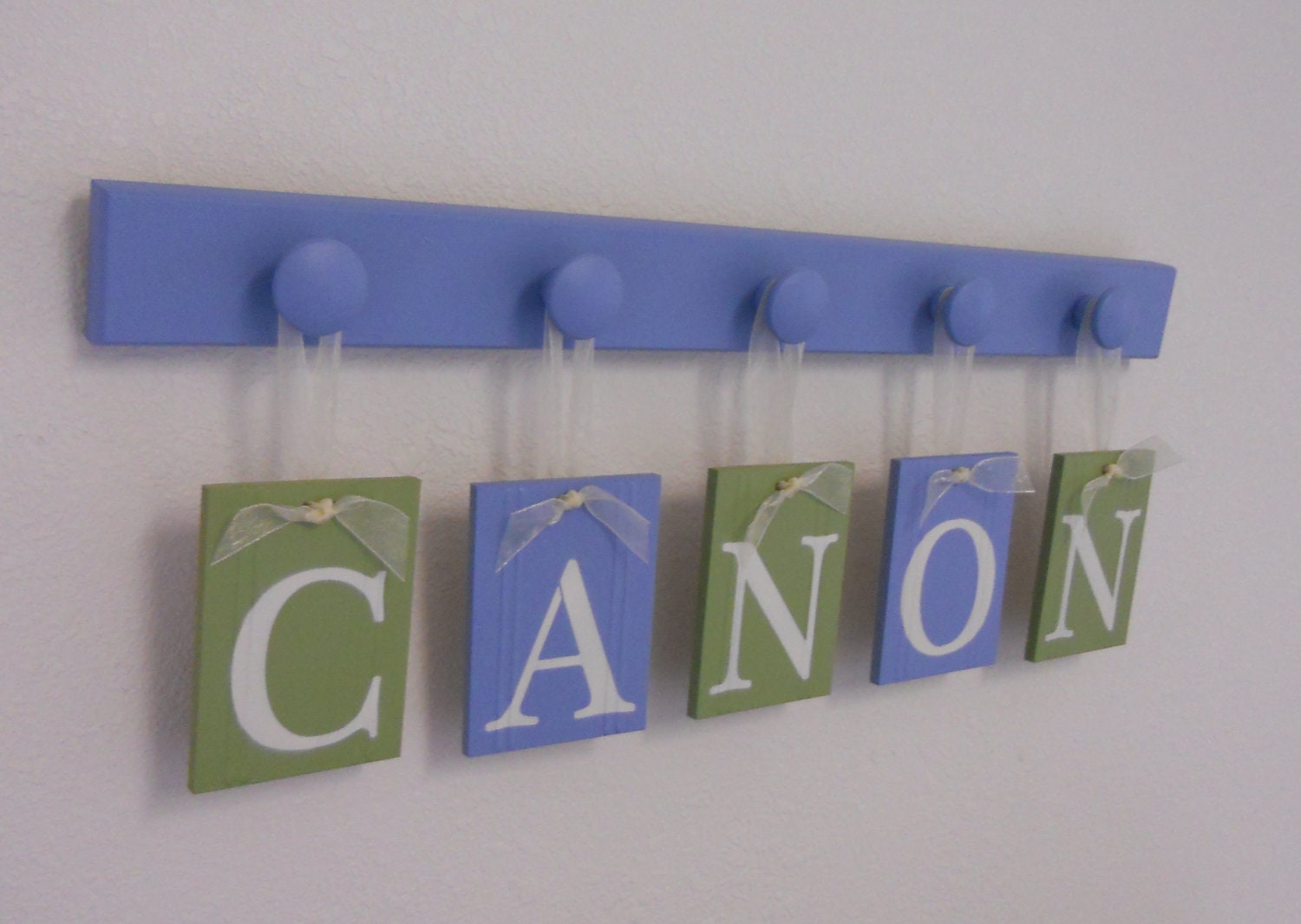 Nursery Decorations Wooden Letters Set Includes 5 Pegs - Custom Baby Name CANON in Light Blue, Light Green Personalized Baby Gift