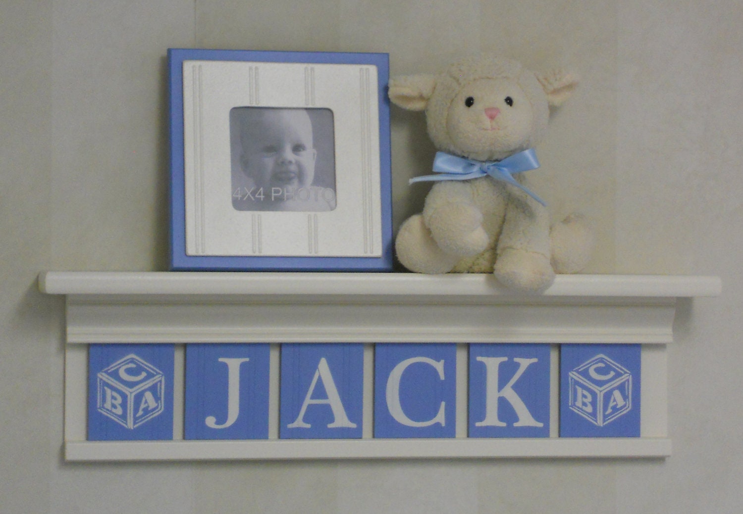 Baby Boy Nursery Decor - JACK with ABC Blocks - 24" Linen White Shelf with 6 Wooden Letters - Pastel Baby Boy Blue Custom Name Sign