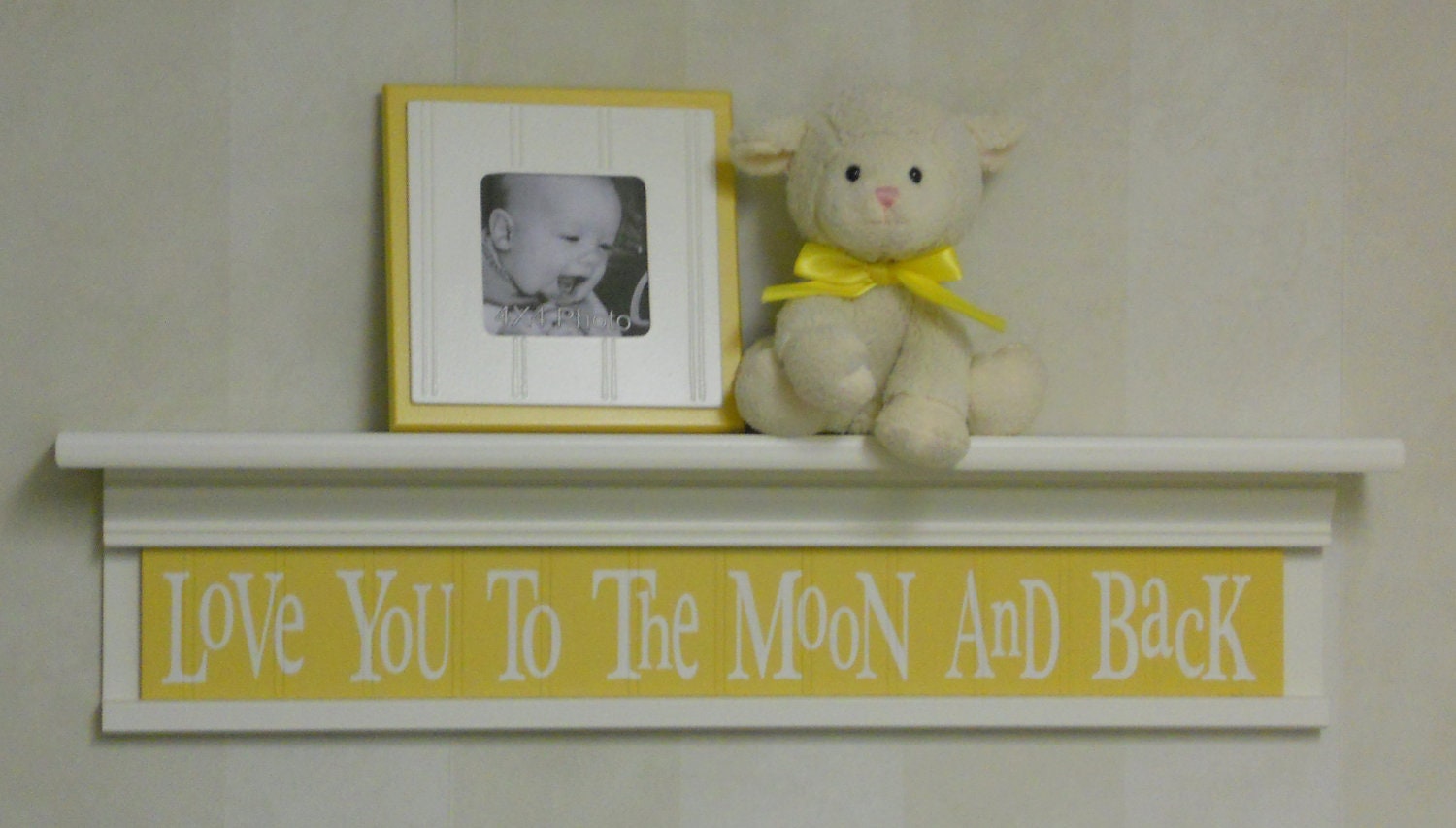 Yellow Baby Nursery Decor - Baby Wall Decor Yellow Sign and 30" Linen White Shelf - Love You To The Moon And Back