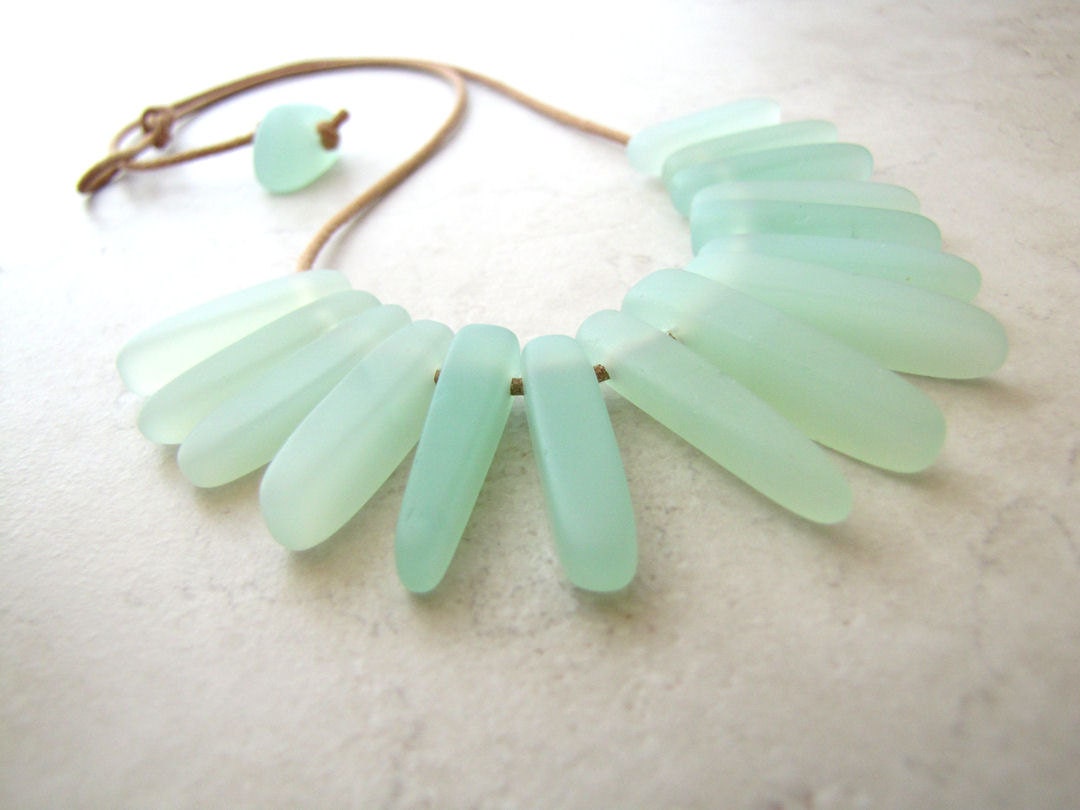 Seaglass Sea Glass Necklace Sea and Sand Seafoam Aqua Mint Green Leather Necklace 16 Inch BellinaCreations Bellina Creation