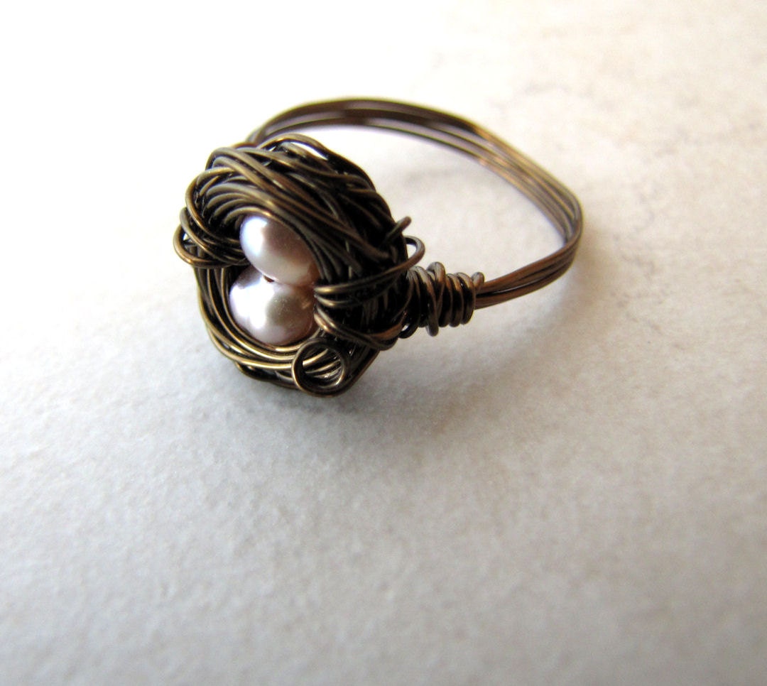 Birds Nest Ring Pink Pearl Eggs Hummingbird Nest Bronze Wire Wrapped Size 7.5 BellinaCreations