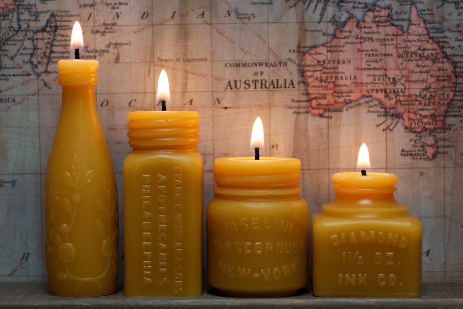 Beeswax Candle Collection - 4 Course Meal - Lime Juice, Apothecaries, Vaseline Jar -and- Diamond InkWell. Sm.
