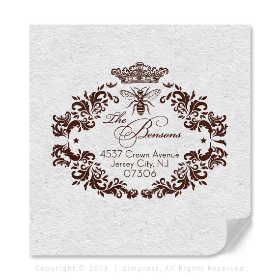 Customizable Address Rubber Stamp In Ornate Border With Honey Bee and Crown Graphic