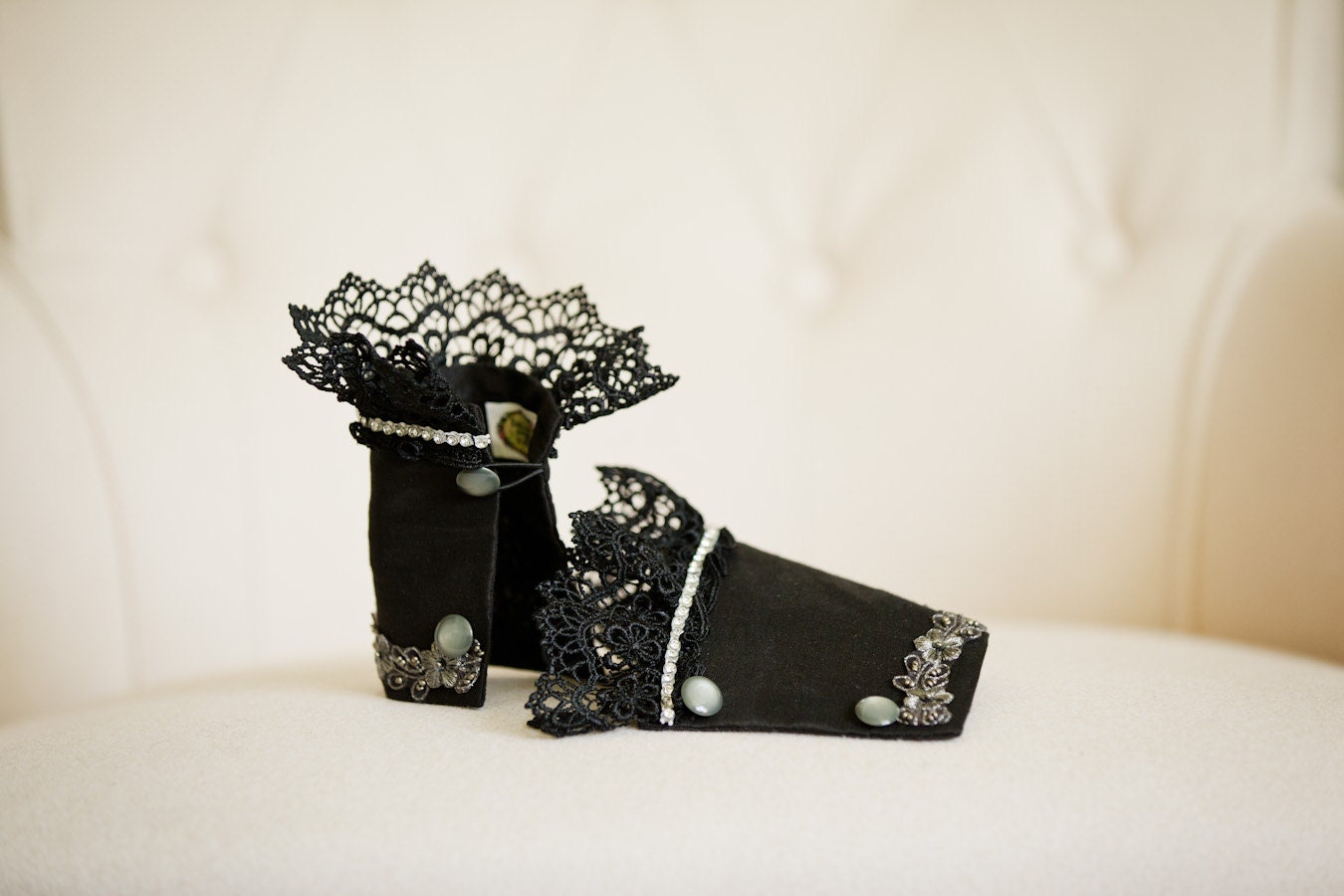Black wrist cuffs with French lace and rhinestones silver trim accents