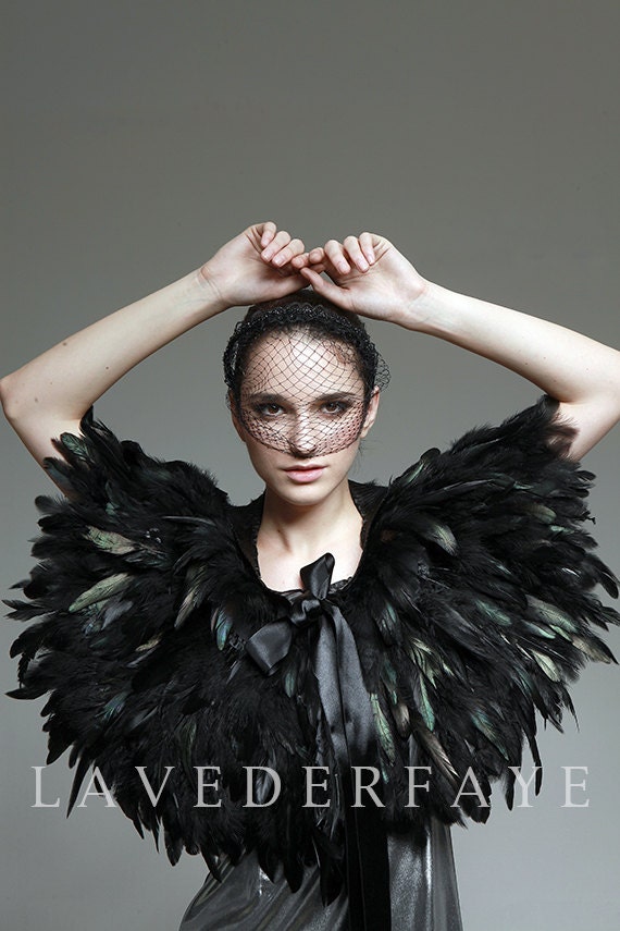 Couture Black Coque Feather Capelet Wrap - Laveder Faye